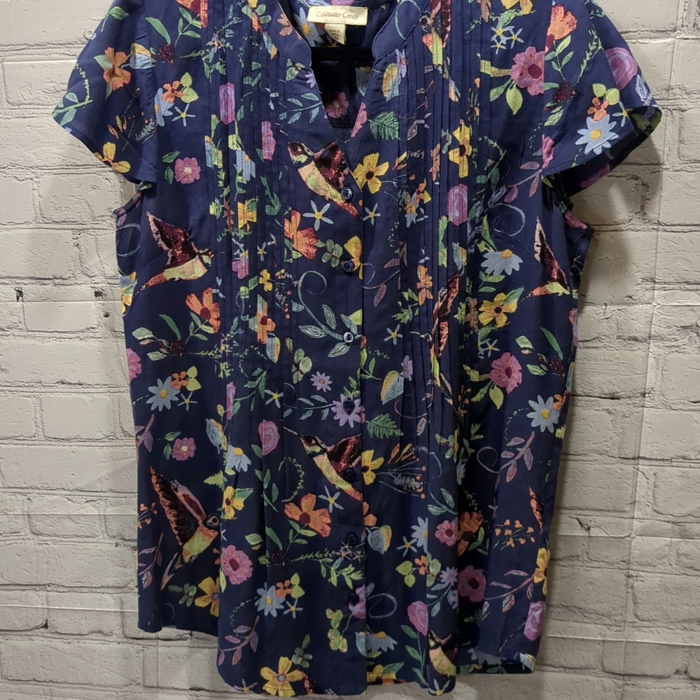 Women's Coldwater Creek XS Small Button Up Blouse Floral Hummingbird